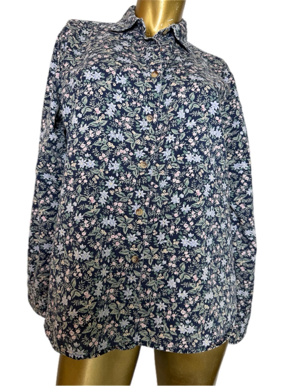 Vintage Cherokee Light Denim Blue Floral Button Front Cotton Shirt Women’s Large